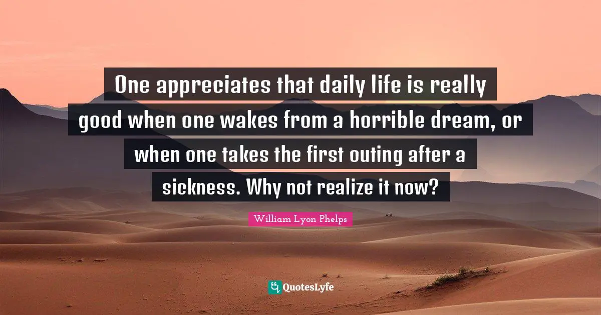 William Lyon Phelps Quotes: "One appreciates that daily life is really good when one wakes from a horrible dream, or when one takes the first outing after a sickness. Why not realize it now?"