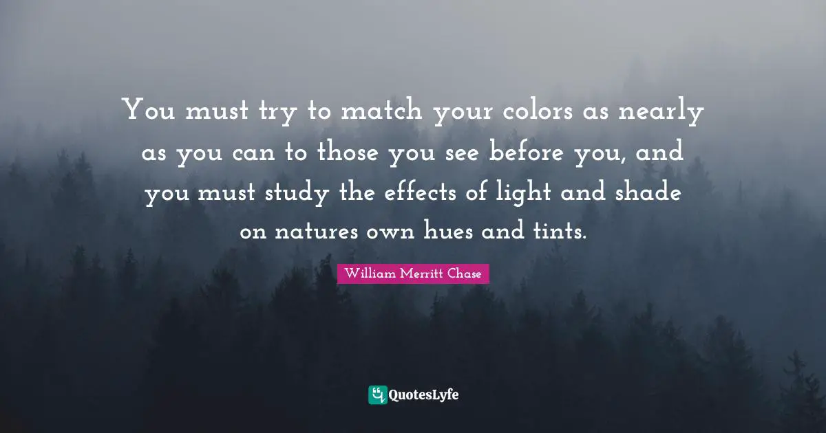 You must try to match your colors as nearly as you can to those you see before you, and you must study the effects of light and shade on natures own hues and tints.
