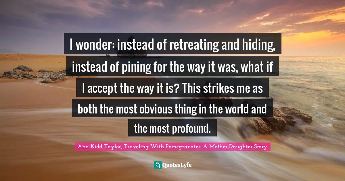 I wonder: instead of retreating and hiding, instead of pining for the way it was, what if I accept the way it is? This strikes me as both the most obvious thing in the world and the most profound.