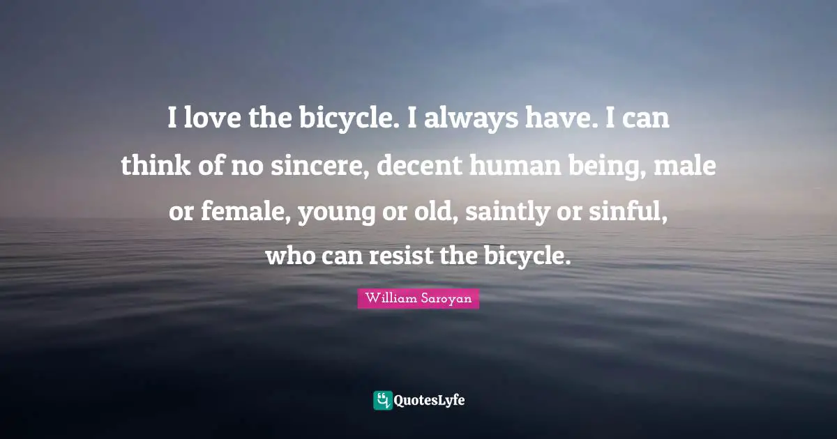 I love the bicycle. I always have. I can think of no sincere, decent human being, male or female, young or old, saintly or sinful, who can resist the bicycle.