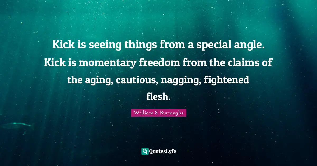 Kick is seeing things from a special angle. Kick is momentary freedom from the claims of the aging, cautious, nagging, fightened flesh.