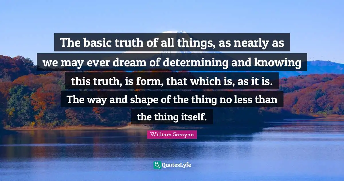 The basic truth of all things, as nearly as we may ever dream of determining and knowing this truth, is form, that which is, as it is. The way and shape of the thing no less than the thing itself.