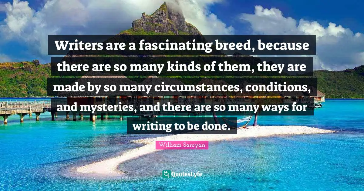 Writers are a fascinating breed, because there are so many kinds of them, they are made by so many circumstances, conditions, and mysteries, and there are so many ways for writing to be done.