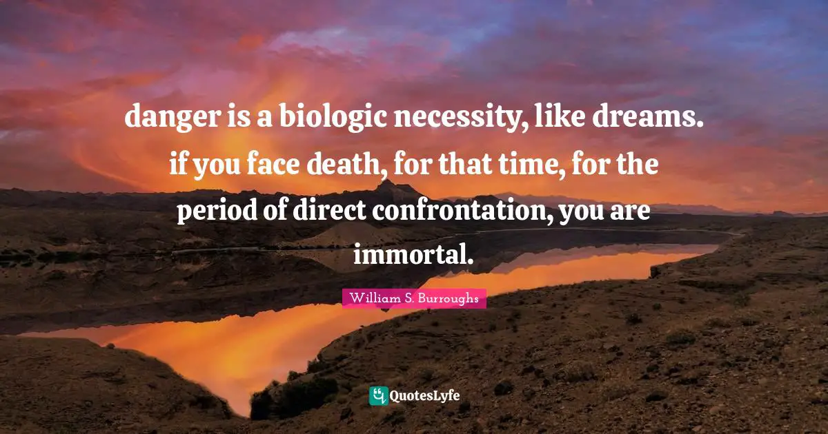 danger is a biologic necessity, like dreams. if you face death, for that time, for the period of direct confrontation, you are immortal.