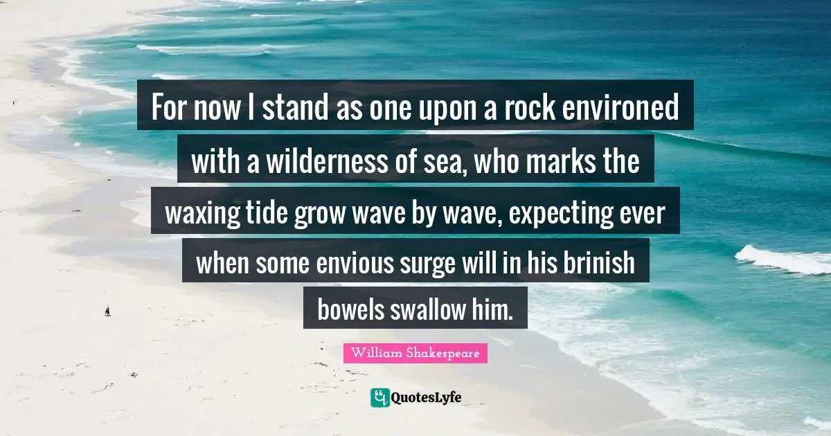 For now I stand as one upon a rock environed with a wilderness of sea, who marks the waxing tide grow wave by wave, expecting ever when some envious surge will in his brinish bowels swallow him.