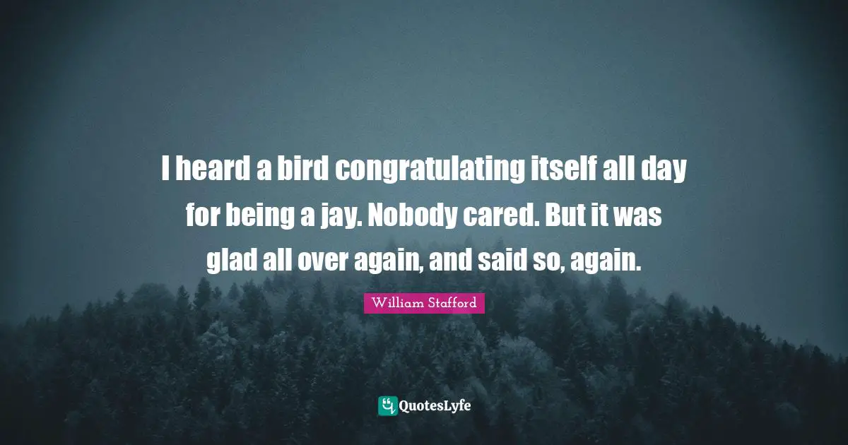 I heard a bird congratulating itself all day for being a jay. Nobody cared. But it was glad all over again, and said so, again.
