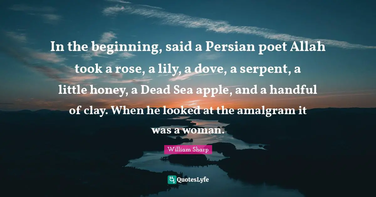 Persian Quotes: "In the beginning, said a Persian poet Allah took a rose, a lily, a dove, a serpent, a little honey, a Dead Sea apple, and a handful of clay. When he looked at the amalgram it was a woman."