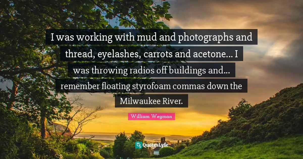 I was working with mud and photographs and thread, eyelashes, carrots and acetone... I was throwing radios off buildings and... remember floating styrofoam commas down the Milwaukee River.