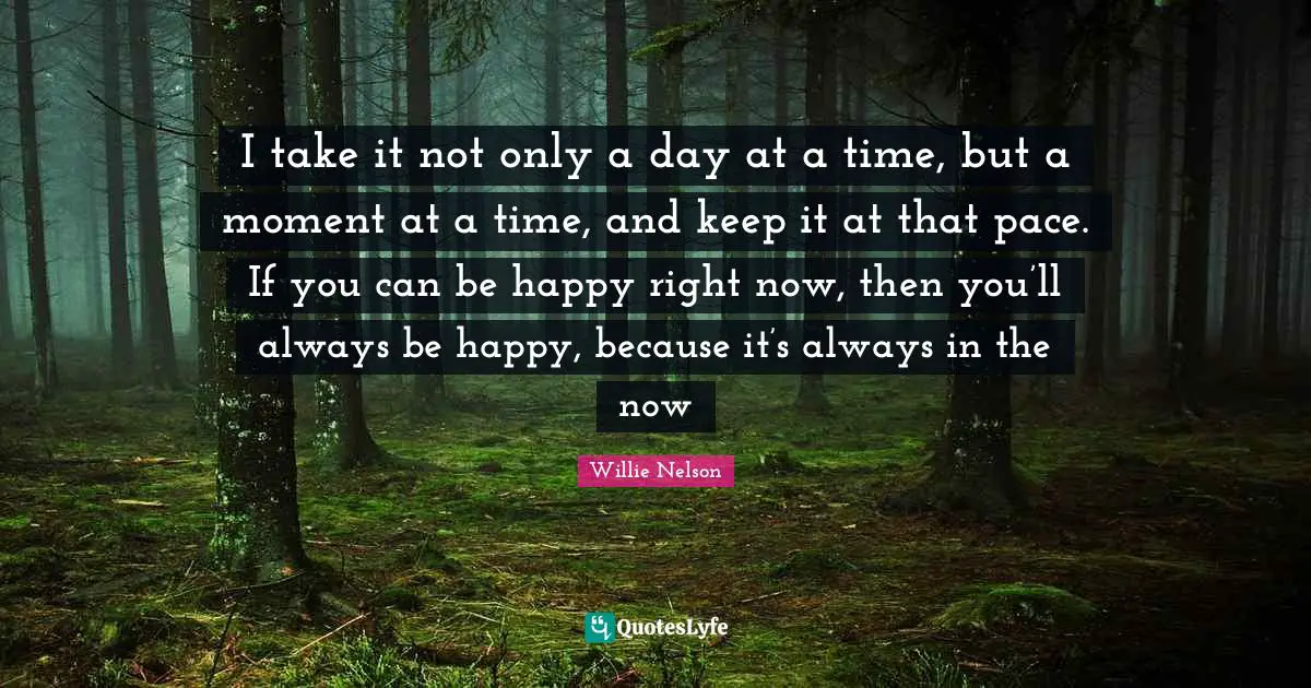 Willie Nelson Quotes: I take it not only a day at a time, but a moment at a time, and keep it at that pace. If you can be happy right now, then you’ll always be happy, because it’s always in the now