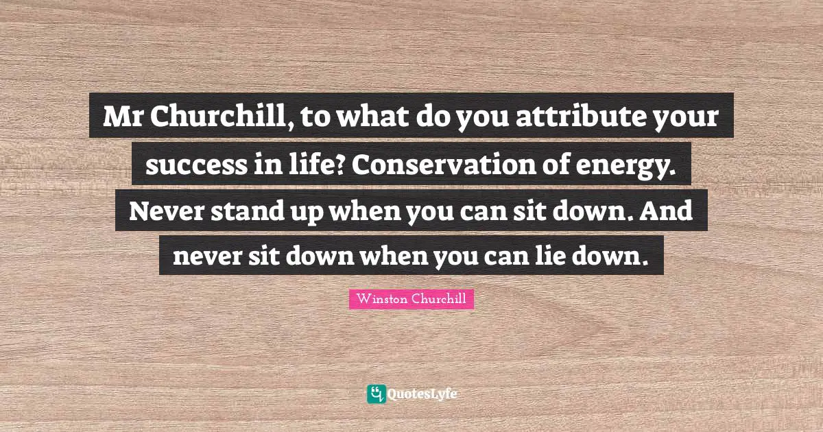 Success In Life Quotes: "Mr Churchill, to what do you attribute your success in life? Conservation of energy. Never stand up when you can sit down. And never sit down when you can lie down."