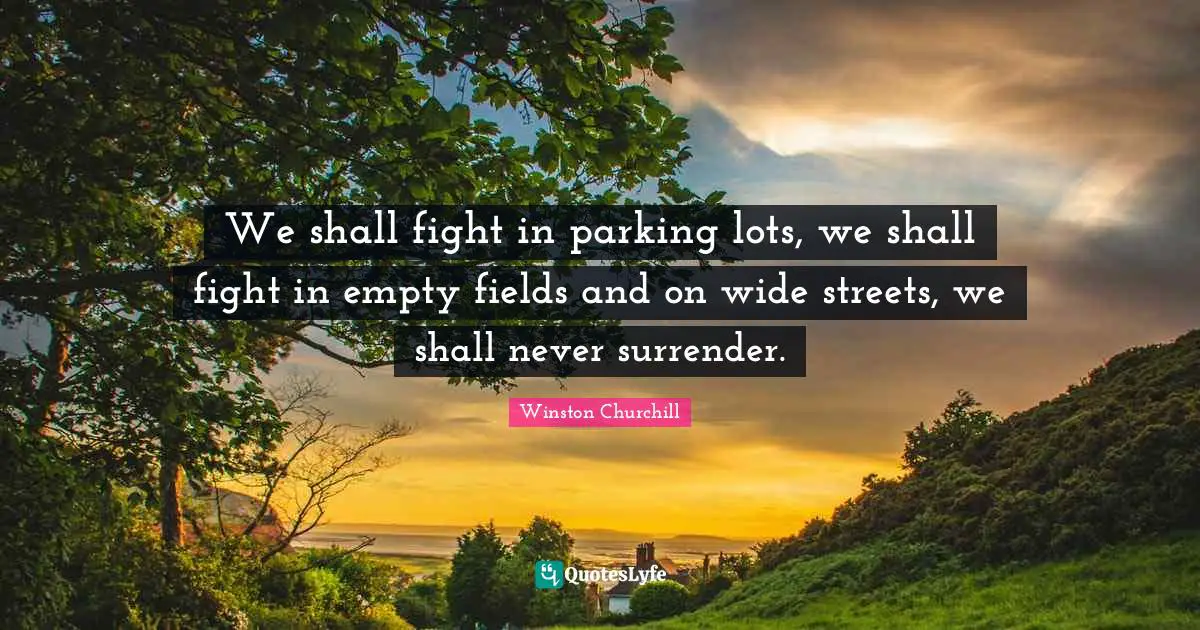 Never Surrender Quotes: "We shall fight in parking lots, we shall fight in empty fields and on wide streets, we shall never surrender."