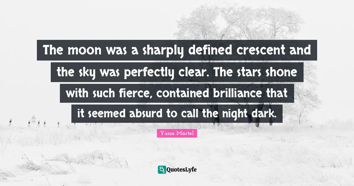 The moon was a sharply defined crescent and the sky was perfectly clear. The stars shone with such fierce, contained brilliance that it seemed absurd to call the night dark.