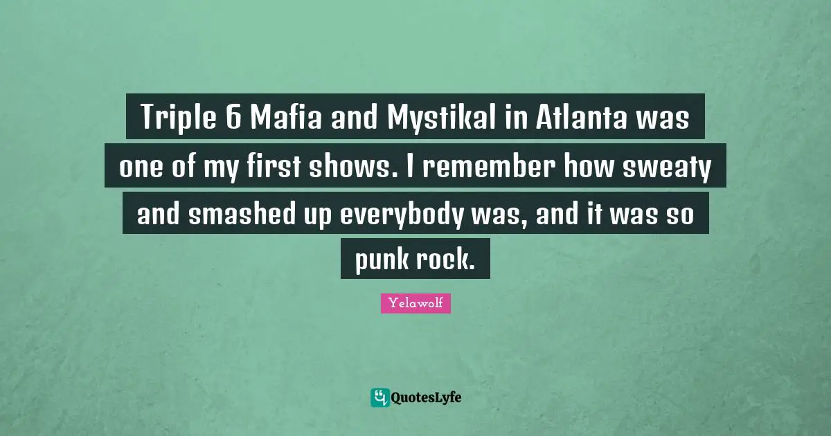 Yelawolf Quotes: "Triple 6 Mafia and Mystikal in Atlanta was one of my first shows. I remember how sweaty and smashed up everybody was, and it was so punk rock."