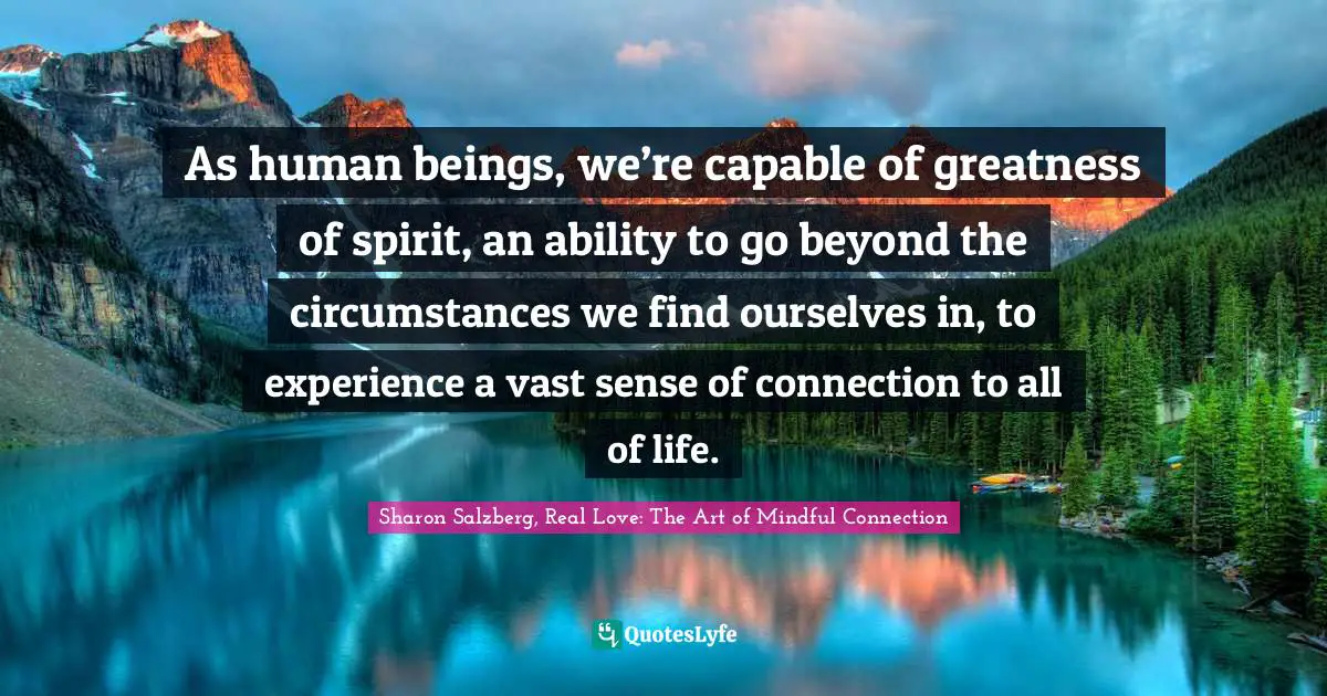 Sharon Salzberg, Real Love: The Art Of Mindful Connection Quotes: "As human beings, we’re capable of greatness of spirit, an ability to go beyond the circumstances we find ourselves in, to experience a vast sense of connection to all of life."