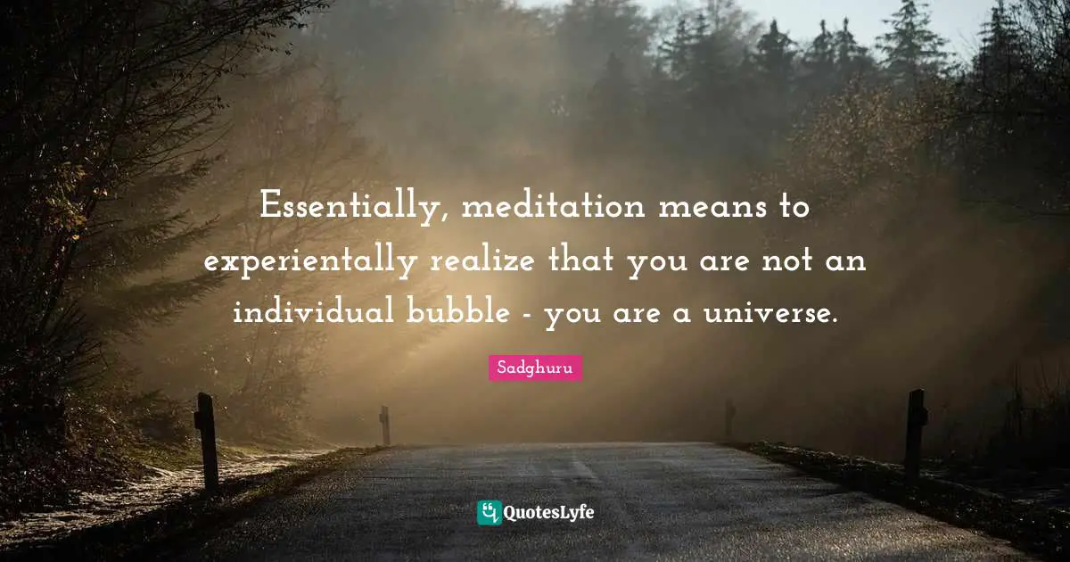 Essentially, meditation means to experientally realize that you are not an individual bubble - you are a universe.