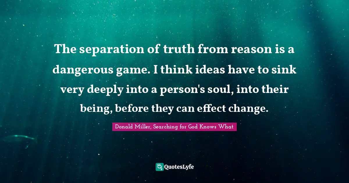 Donald Miller, Searching For God Knows What Quotes: "The separation of truth from reason is a dangerous game. I think ideas have to sink very deeply into a person's soul, into their being, before they can effect change."