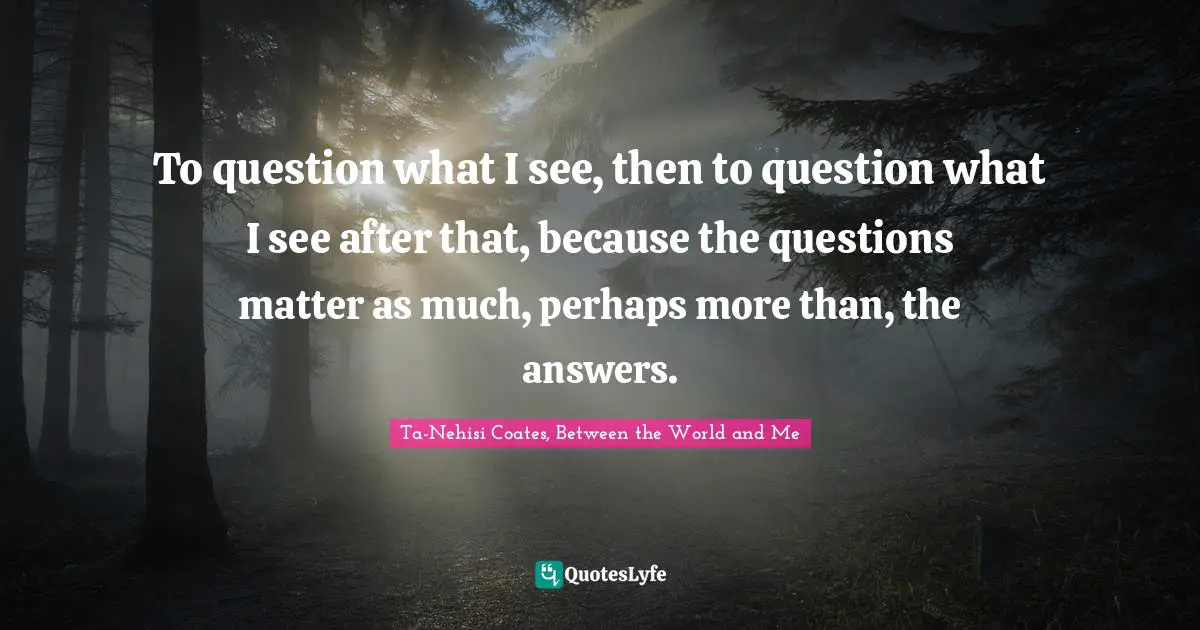 To question what I see, then to question what I see after that, because the questions matter as much, perhaps more than, the answers.