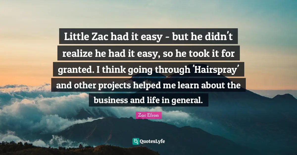 Little Zac had it easy - but he didn't realize he had it easy, so he took it for granted. I think going through 'Hairspray' and other projects helped me learn about the business and life in general.