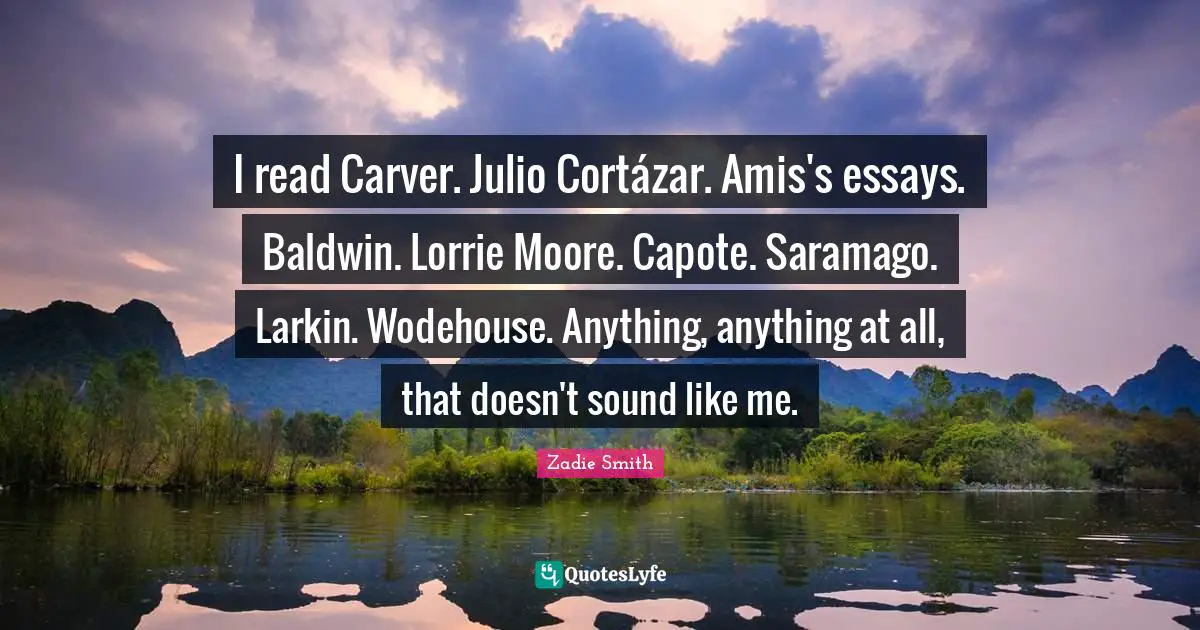 I read Carver. Julio Cortázar. Amis's essays. Baldwin. Lorrie Moore. Capote. Saramago. Larkin. Wodehouse. Anything, anything at all, that doesn't sound like me.