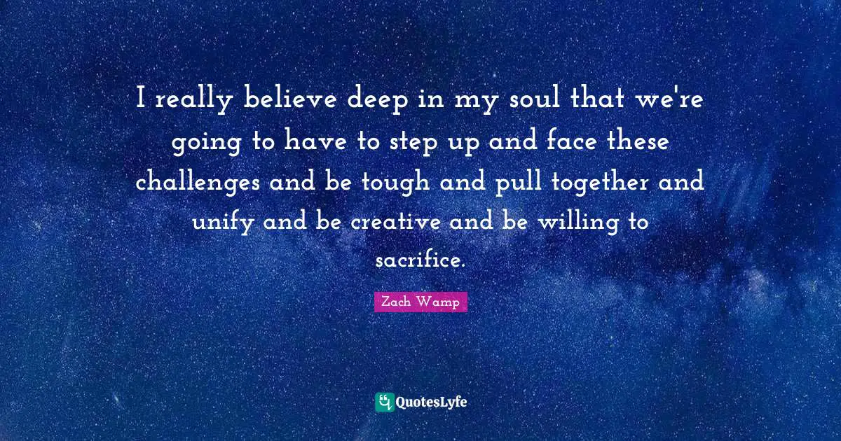Zach Wamp Quotes: "I really believe deep in my soul that we're going to have to step up and face these challenges and be tough and pull together and unify and be creative and be willing to sacrifice."