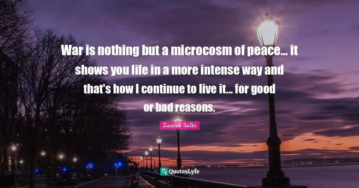 War is nothing but a microcosm of peace... it shows you life in a more intense way and that's how I continue to live it... for good or bad reasons.