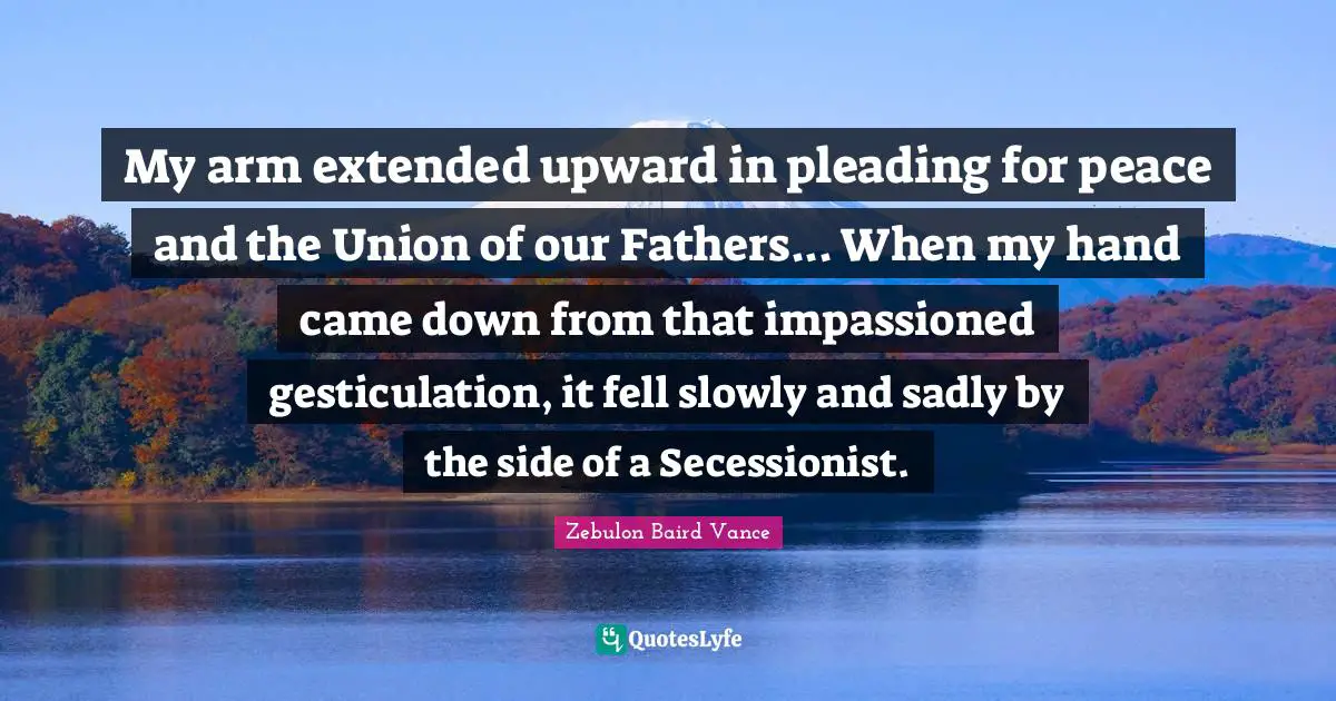 My arm extended upward in pleading for peace and the Union of our Fathers... When my hand came down from that impassioned gesticulation, it fell slowly and sadly by the side of a Secessionist.