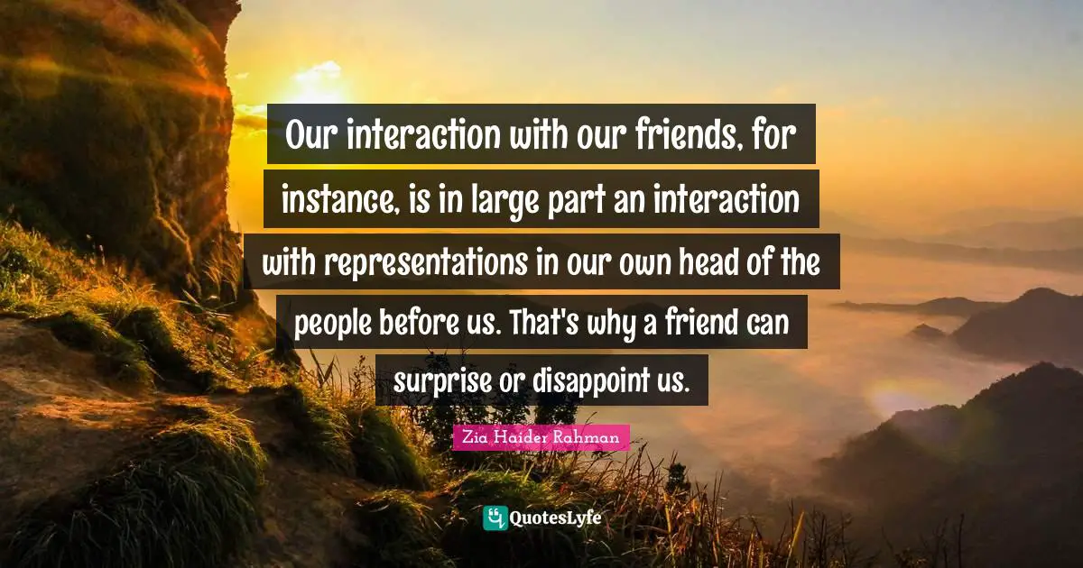 Our interaction with our friends, for instance, is in large part an interaction with representations in our own head of the people before us. That's why a friend can surprise or disappoint us.