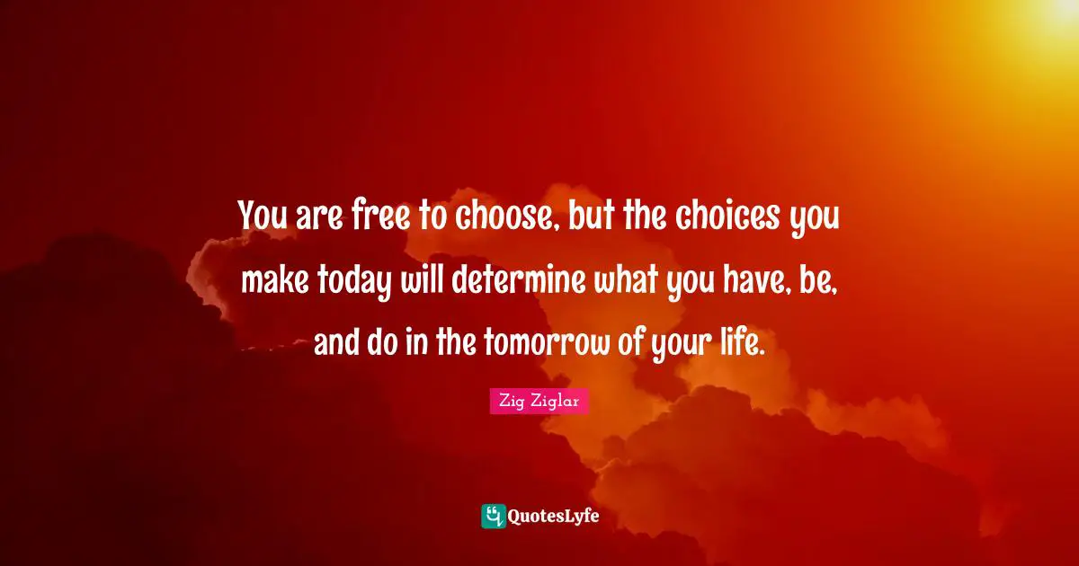 You are free to choose, but the choices you make today will determine what you have, be, and do in the tomorrow of your life.