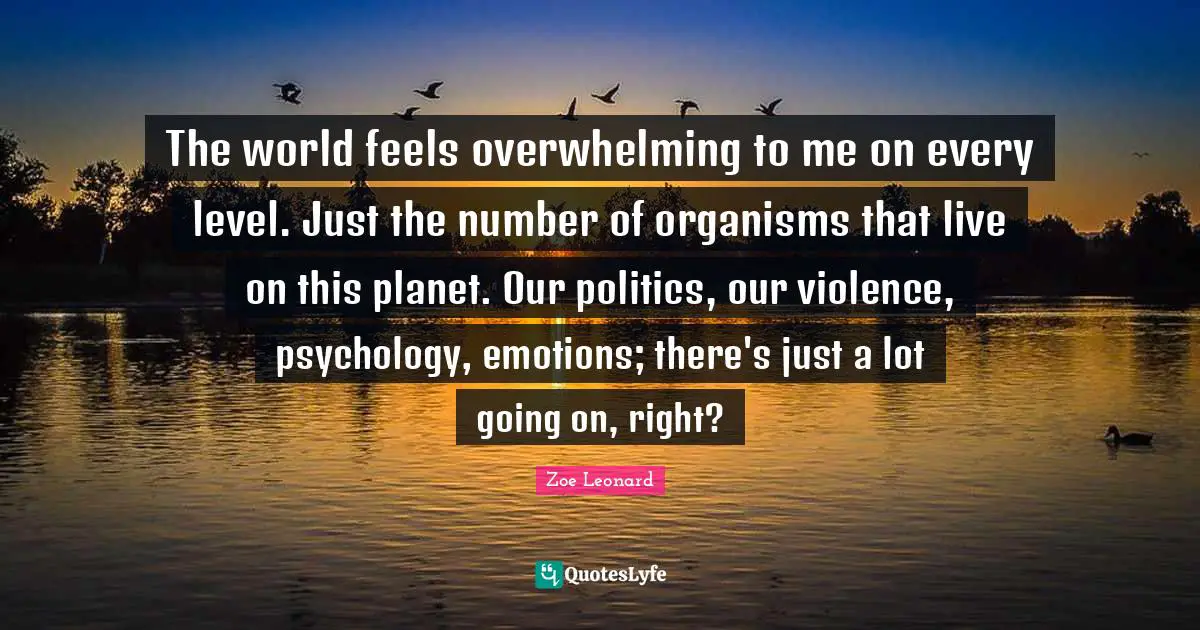 The world feels overwhelming to me on every level. Just the number of organisms that live on this planet. Our politics, our violence, psychology, emotions; there's just a lot going on, right?