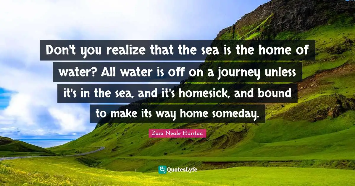 Zora Neale Hurston Quotes: "Don't you realize that the sea is the home of water? All water is off on a journey unless it's in the sea, and it's homesick, and bound to make its way home someday."