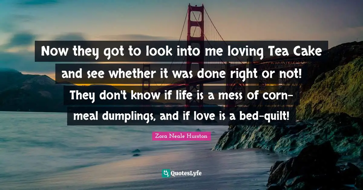 Now they got to look into me loving Tea Cake and see whether it was done right or not! They don't know if life is a mess of corn-meal dumplings, and if love is a bed-quilt!