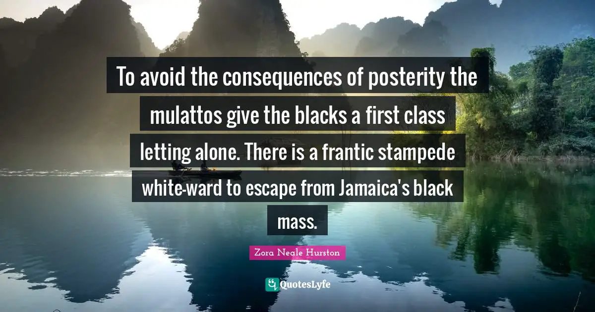 To avoid the consequences of posterity the mulattos give the blacks a first class letting alone. There is a frantic stampede white-ward to escape from Jamaica's black mass.
