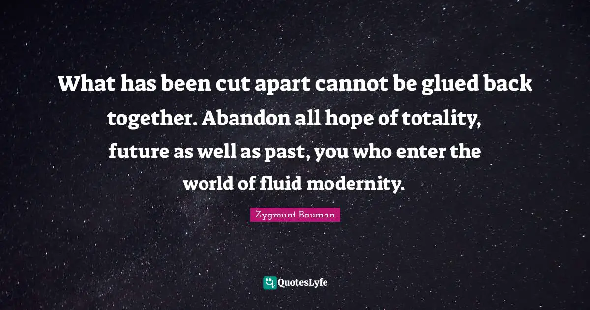 What has been cut apart cannot be glued back together. Abandon all hope of totality, future as well as past, you who enter the world of fluid modernity.