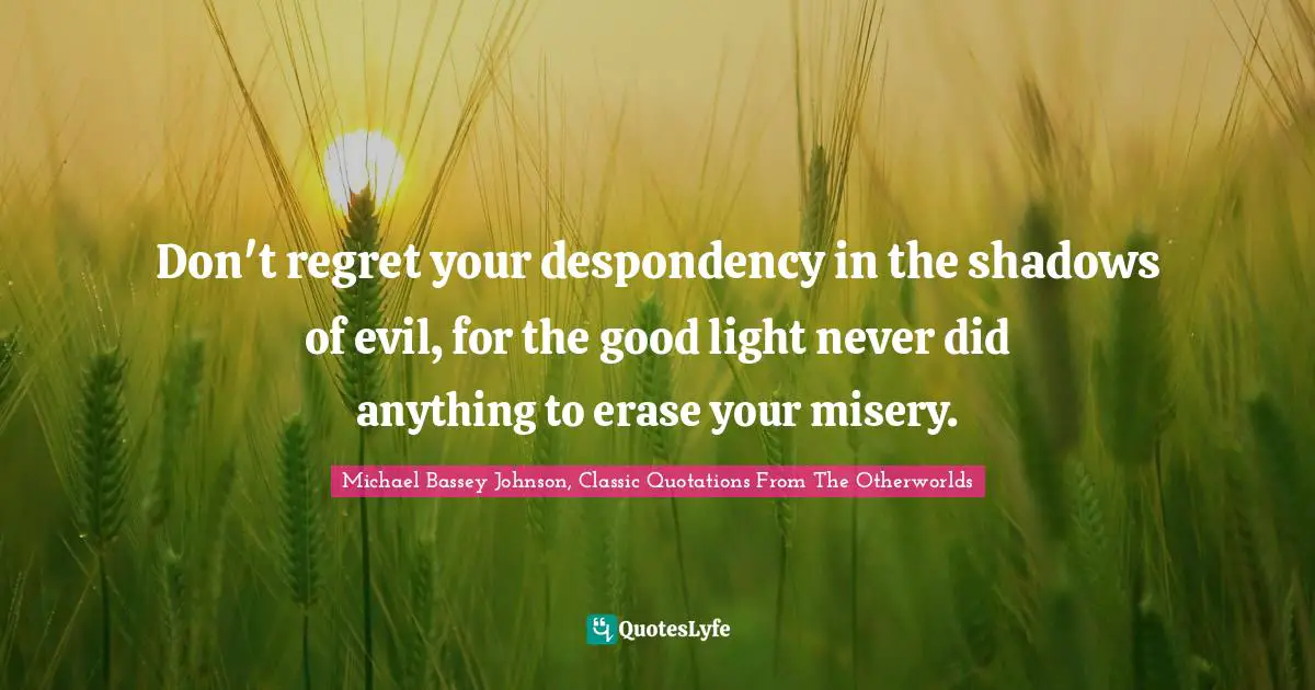 Don't regret your despondency in the shadows of evil, for the good light never did anything to erase your misery.
