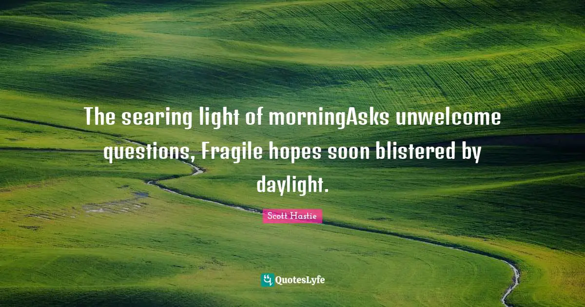 The searing light of morningAsks unwelcome questions, Fragile hopes soon blistered by daylight.
