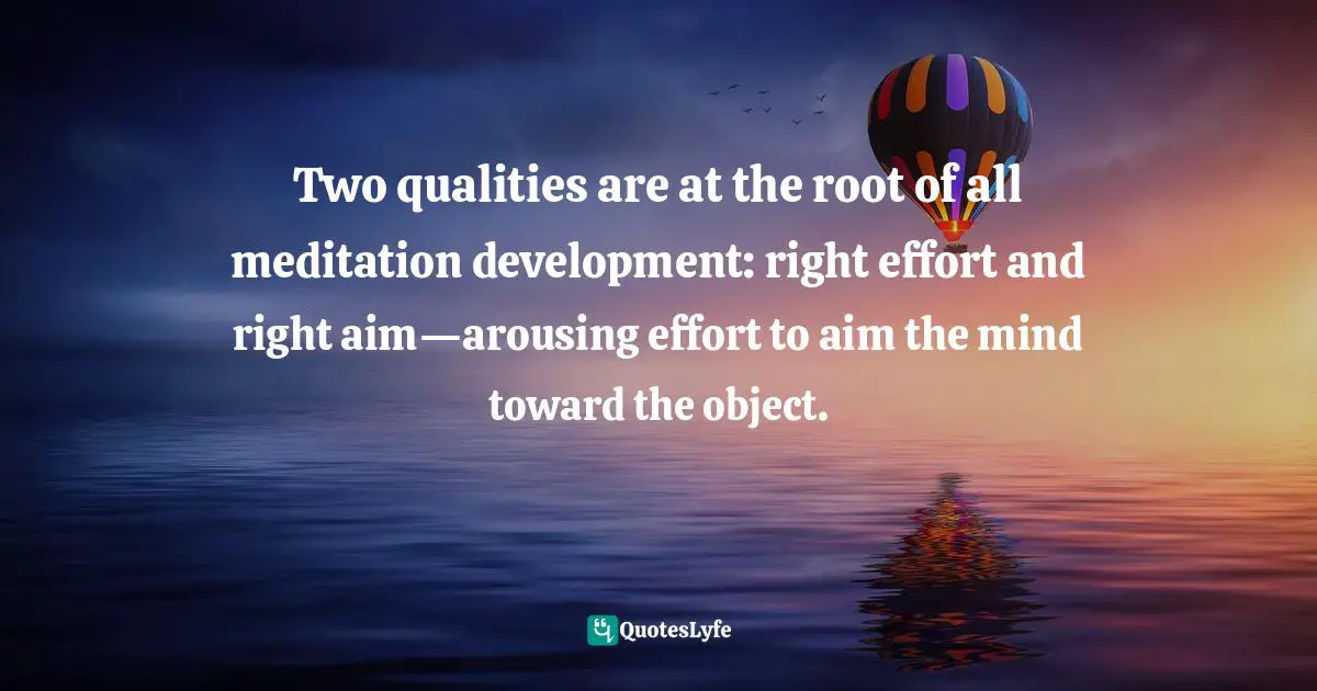 Two qualities are at the root of all meditation development: right effort and right aim—arousing effort to aim the mind toward the object.
