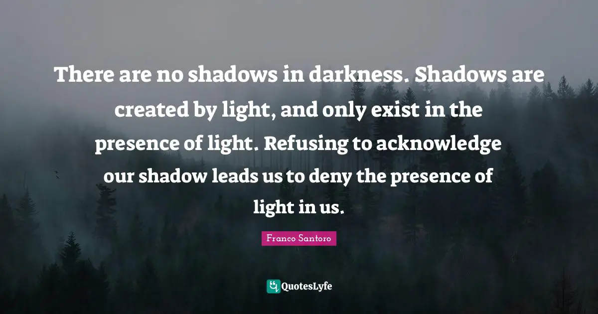 There are no shadows in darkness. Shadows are created by light, and only exist in the presence of light. Refusing to acknowledge our shadow leads us to deny the presence of light in us.
