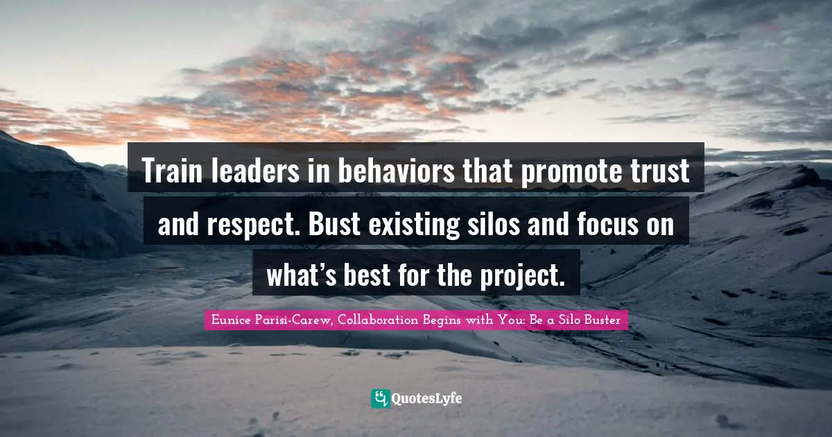 Eunice Parisi-Carew, Collaboration Begins With You: Be A Silo Buster Quotes: "Train leaders in behaviors that promote trust and respect. Bust existing silos and focus on what’s best for the project."