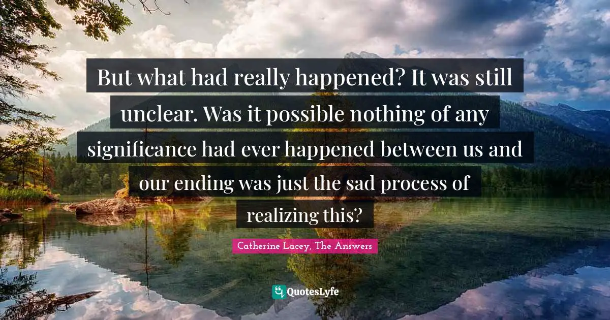 But what had really happened? It was still unclear. Was it possible nothing of any significance had ever happened between us and our ending was just the sad process of realizing this?