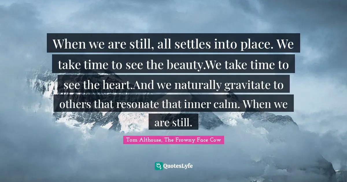 Tom Althouse, The Frowny Face Cow Quotes: "When we are still, all settles into place. We take time to see the beauty.We take time to see the heart.And we naturally gravitate to others that resonate that inner calm. When we are still."