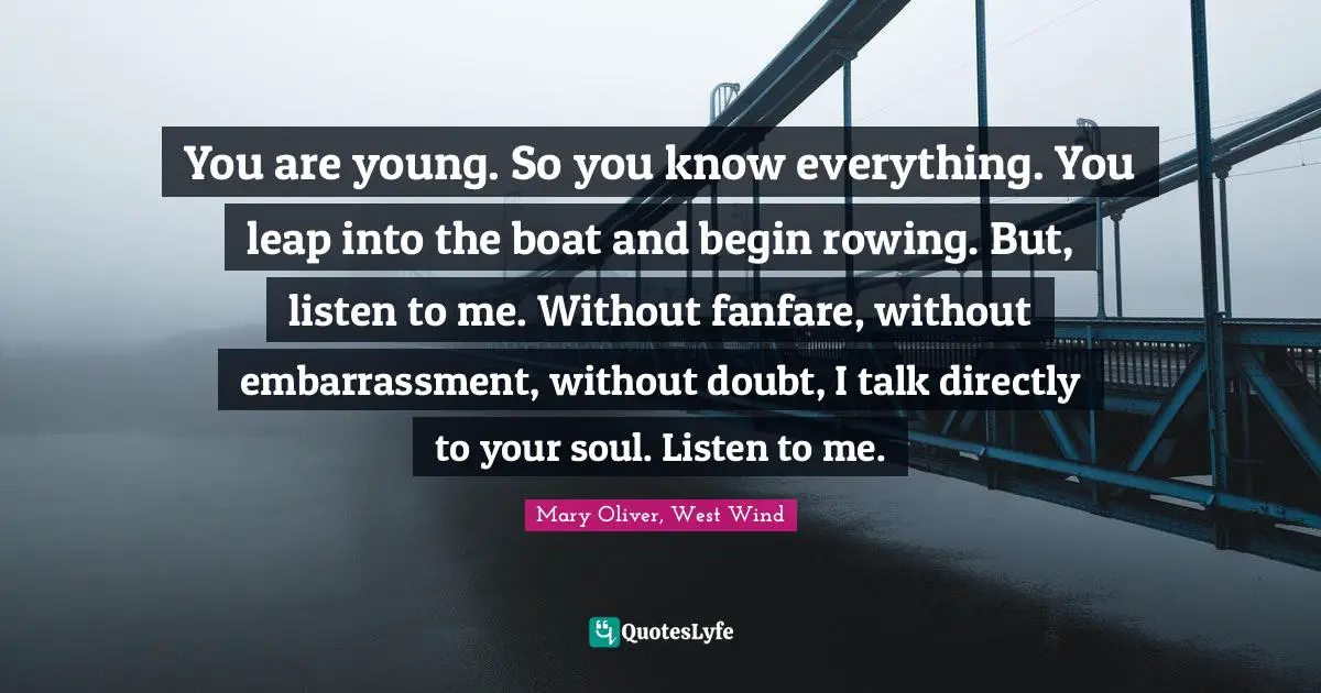 You are young. So you know everything. You leap into the boat and begin rowing. But, listen to me. Without fanfare, without embarrassment, without doubt, I talk directly to your soul. Listen to me.