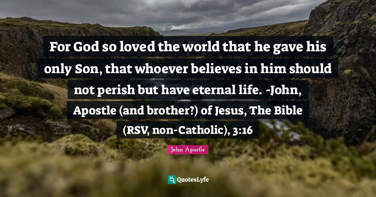 For God so loved the world that he gave his only Son, that whoever believes in him should not perish but have eternal life. -John, Apostle (and brother?) of Jesus, The Bible (RSV, non-Catholic), 3:16