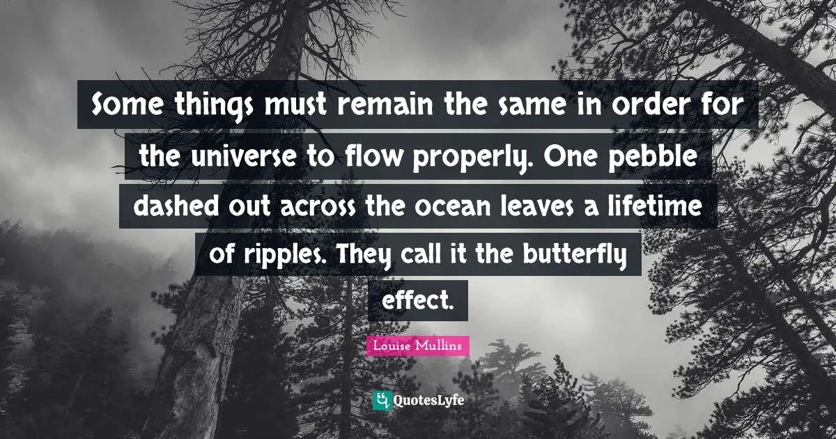 Some things must remain the same in order for the universe to flow properly. One pebble dashed out across the ocean leaves a lifetime of ripples. They call it the butterfly effect.