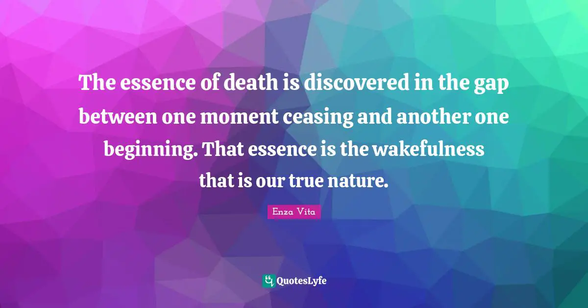 Enza Vita Quotes: The essence of death is discovered in the gap between one moment ceasing and another one beginning. That essence is the wakefulness that is our true nature.