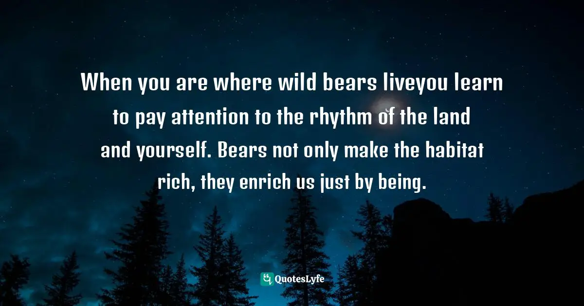 When you are where wild bears liveyou learn to pay attention to the rhythm of the land and yourself. Bears not only make the habitat rich, they enrich us just by being.