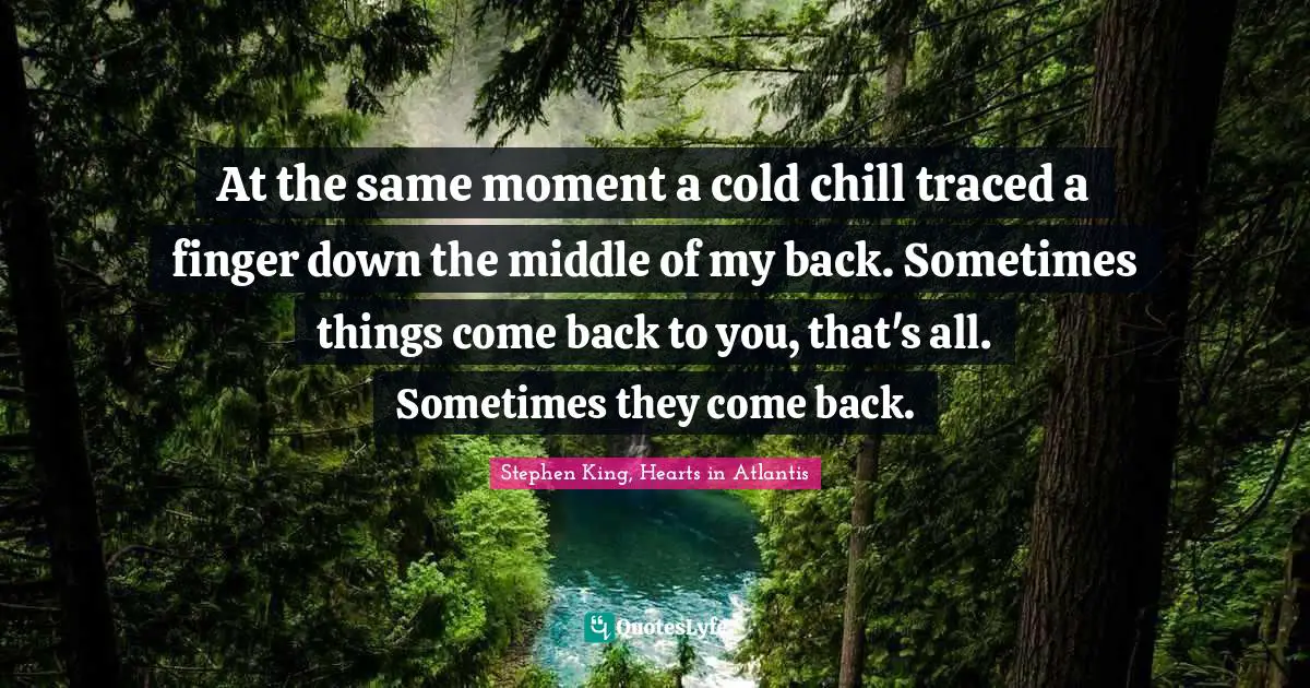 At the same moment a cold chill traced a finger down the middle of my back. Sometimes things come back to you, that's all. Sometimes they come back.