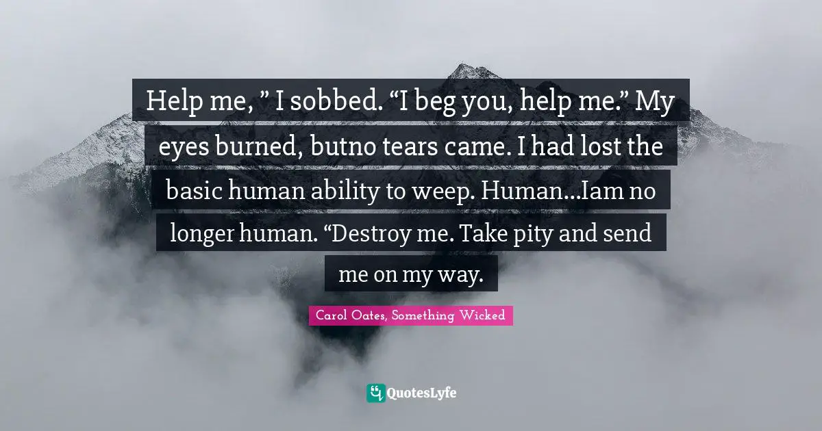 Help me, ” I sobbed. “I beg you, help me.” My eyes burned, butno tears came. I had lost the basic human ability to weep. Human…Iam no longer human. “Destroy me. Take pity and send me on my way.