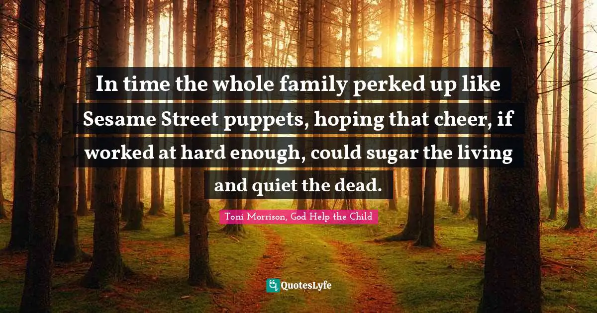 In time the whole family perked up like Sesame Street puppets, hoping that cheer, if worked at hard enough, could sugar the living and quiet the dead.