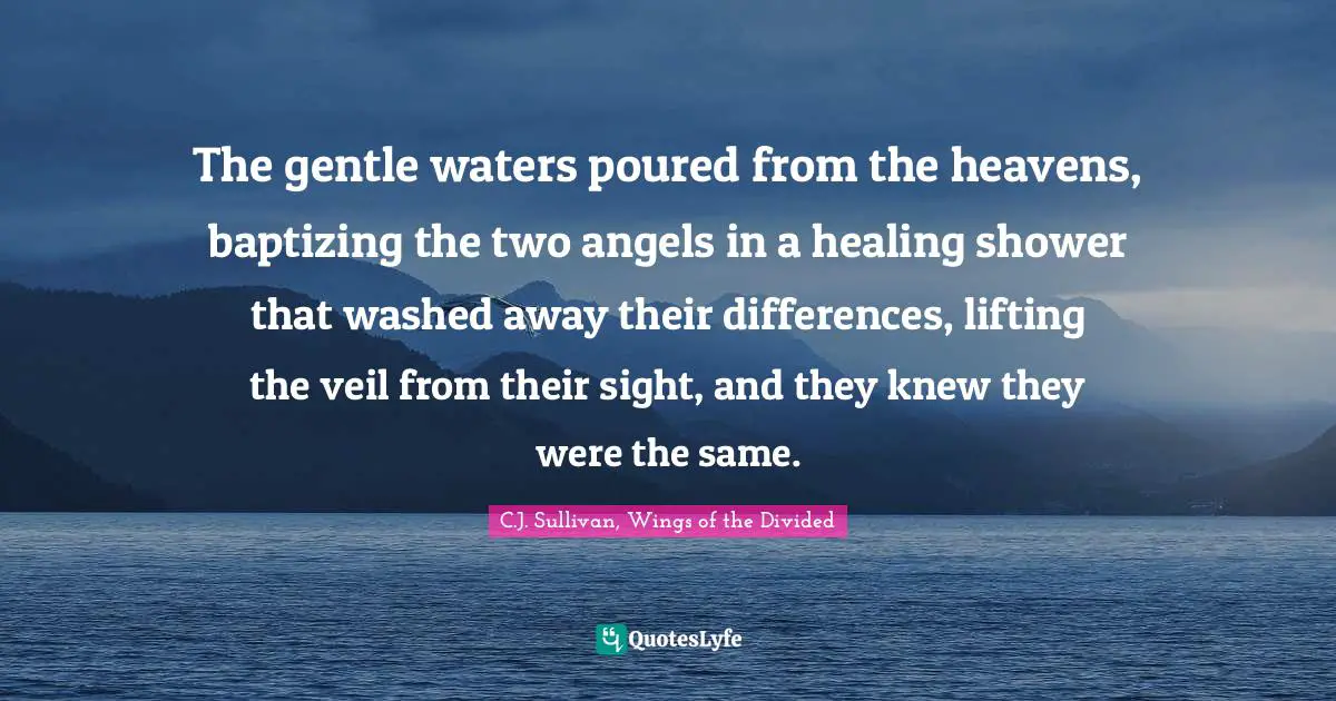 The gentle waters poured from the heavens, baptizing the two angels in a healing shower that washed away their differences, lifting the veil from their sight, and they knew they were the same.