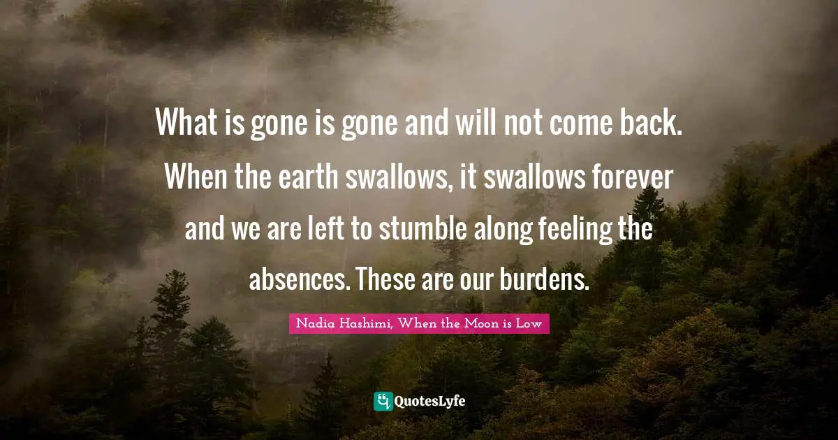 What is gone is gone and will not come back. When the earth swallows, it swallows forever and we are left to stumble along feeling the absences. These are our burdens.